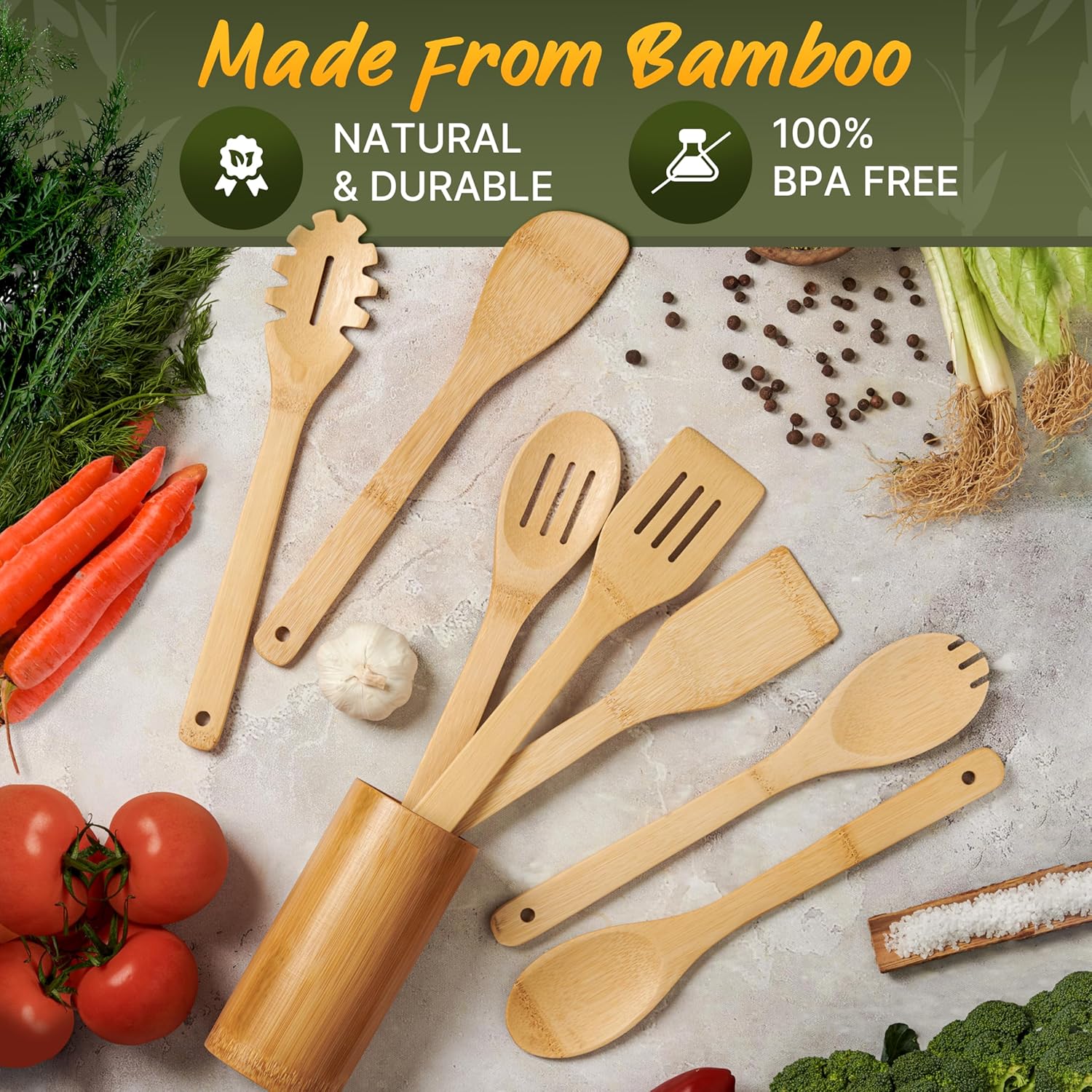 7-piece bamboo cooking utensils set with holder