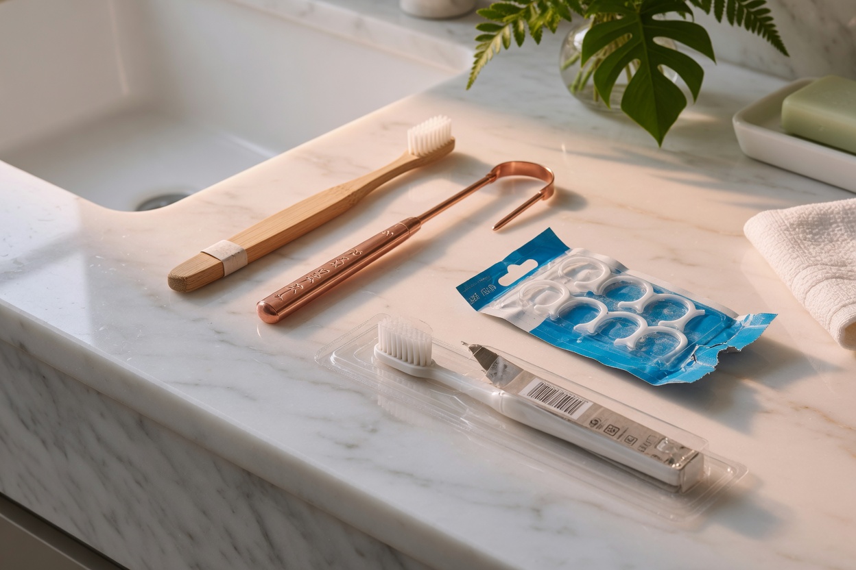 Bamboo oral care tools beside plastic packaging for comparison