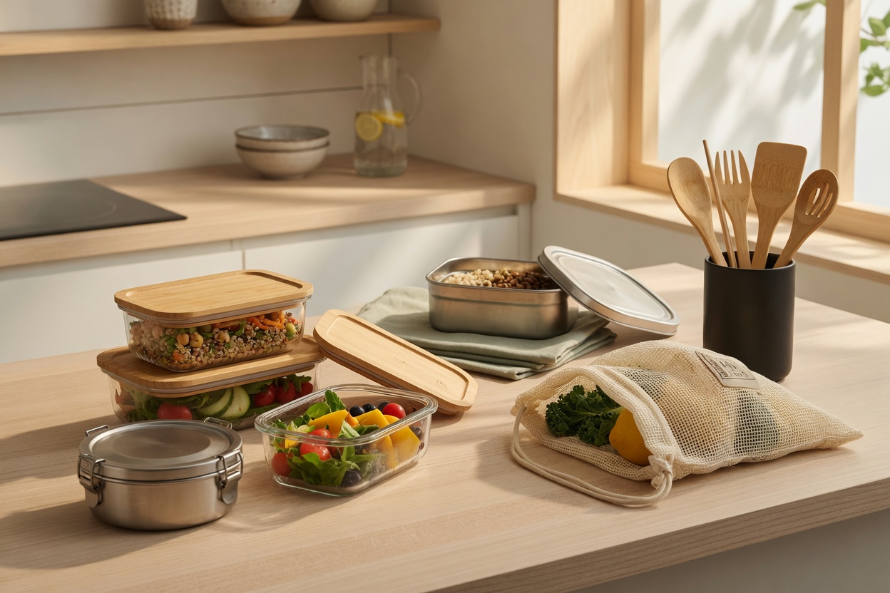 Glass and stainless food storage with bamboo utensils in a bright kitchen